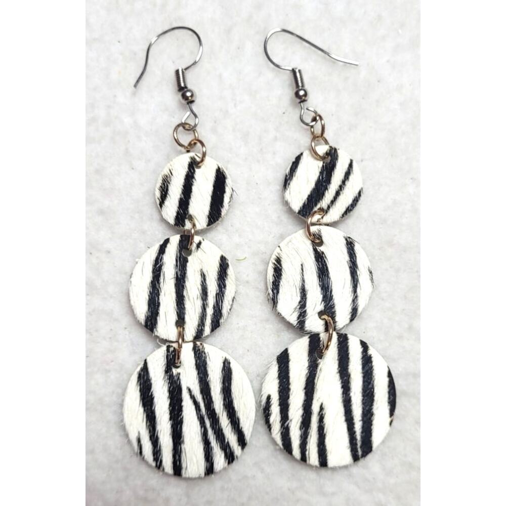 Vtg Zebra Print Pony Calf Hair Dangle Earrings Silver Tone Genuine Leather Back